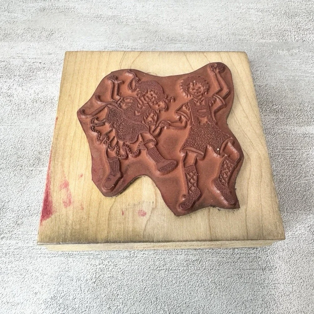 Vintage 1997 Wood Mounted Rubber Stamp German Folk Art Dancing Children Boy Girl